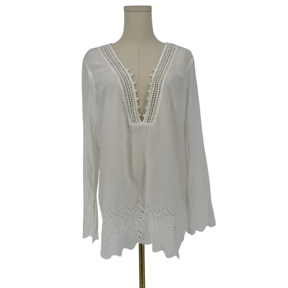 Michael Kors Tunic Blouse White Eyelet Bohemian Long Sleeve Blouse Shirt Top L